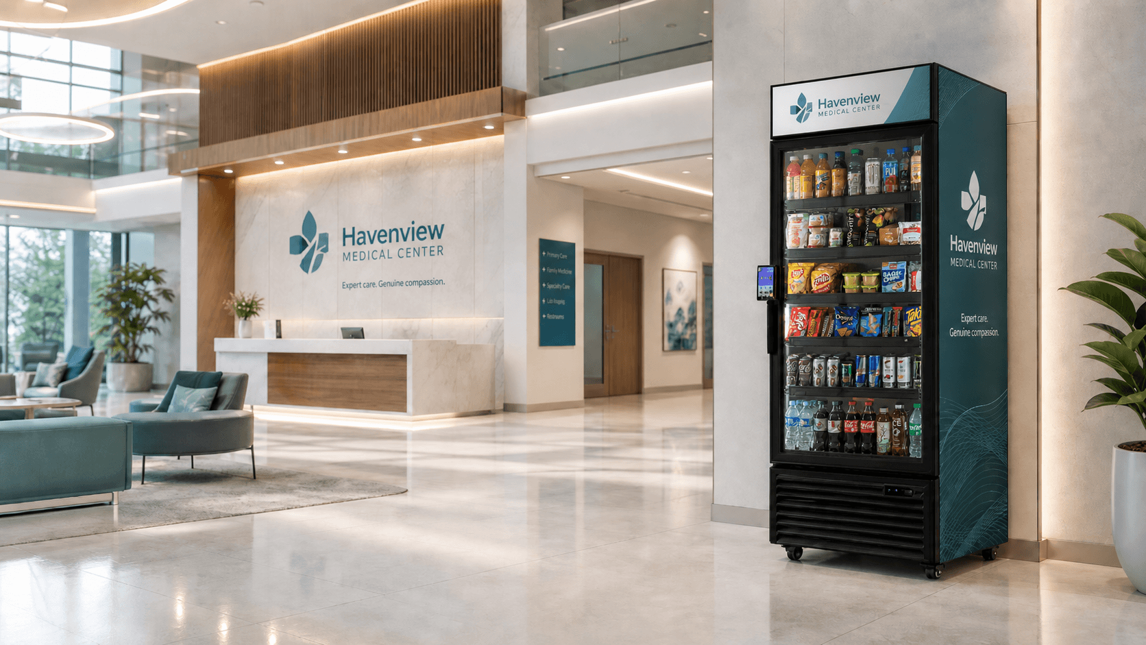 VendiCo machine fully wrapped in a medical center's branding, placed in the lobby