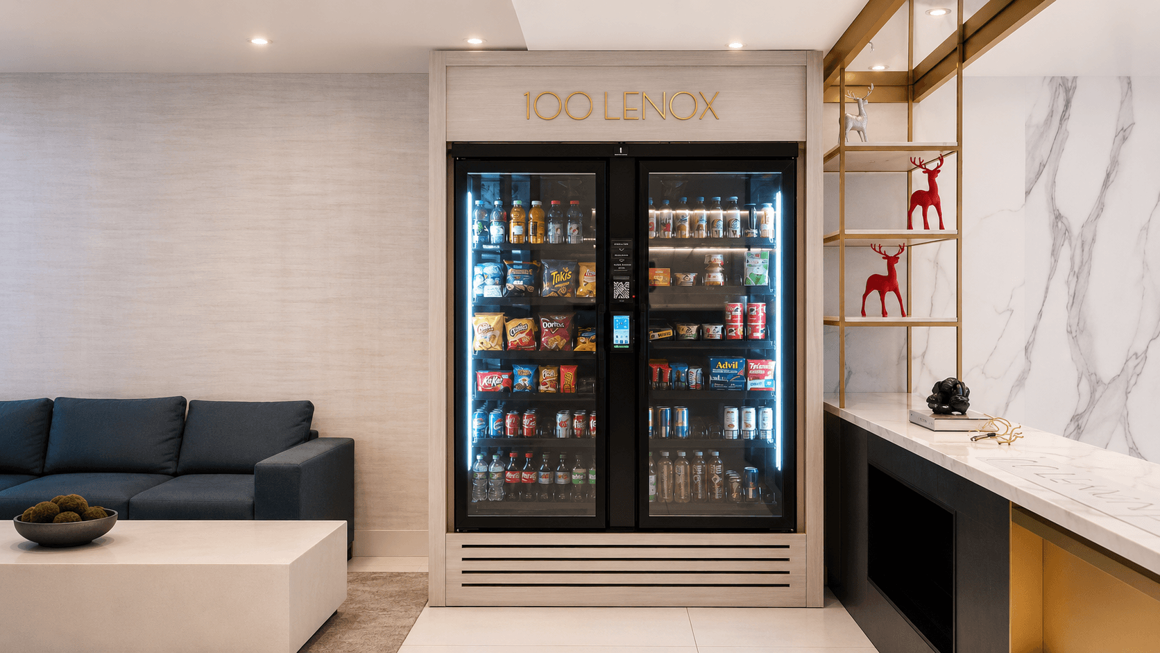 VendiCo double machine in a custom wood surround, built into a residential lounge